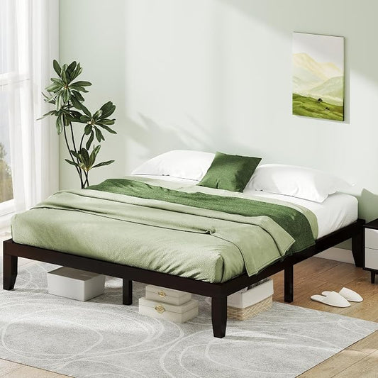 KOMFOTT 14 Inches Wood Platform Bed Frame King Size, Wooden Mattress Foundation with Rubber Wood Frame, Strong Wooden Slat Support, No Box Spring Needed, Bed Frame (Dark Brown)