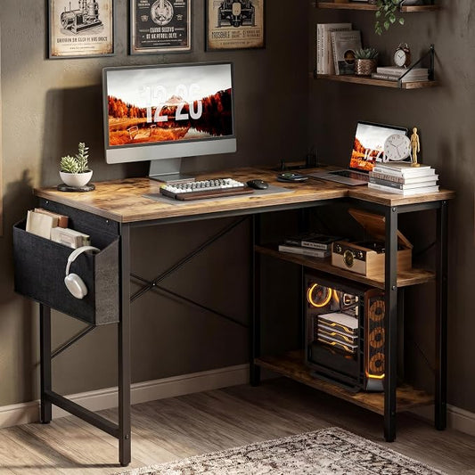 TIQLAB L Shaped Computer Desk with Power Outlets, 47 Inch Small Corner Desk with Reversible Shelves, Gaming Desk Computer Table Study Writing Desk for Home Office Small Space, Rustic Brown