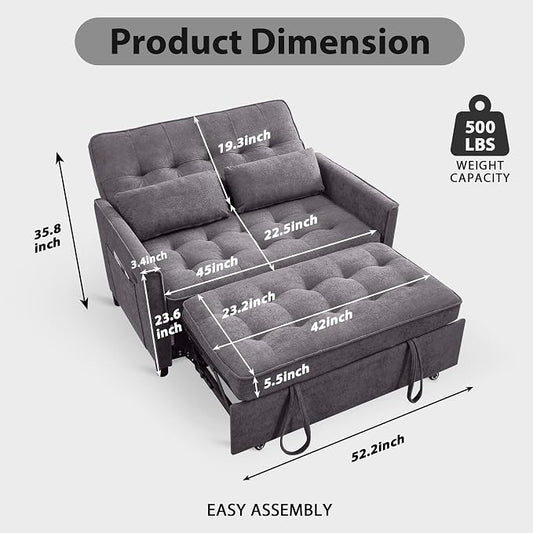 Convertible Sofa Bed, 3 in 1 Pull Out Couch, Loveseat Sleeper with Side Pocket, Sleeper Sofa with Adjustable Backrest | USB Charging Port | Two Pillows | Fabric | Light Grey
