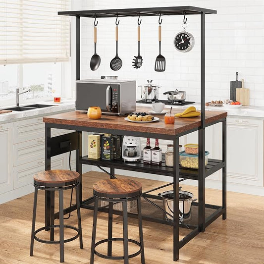 GarveeHome 47 in Kitchen Island with Power Outlet & Storage - Large Bakers Rack, Microwave Stand with 3-Tier Shelves & 5 Hooks for Pantry Organization