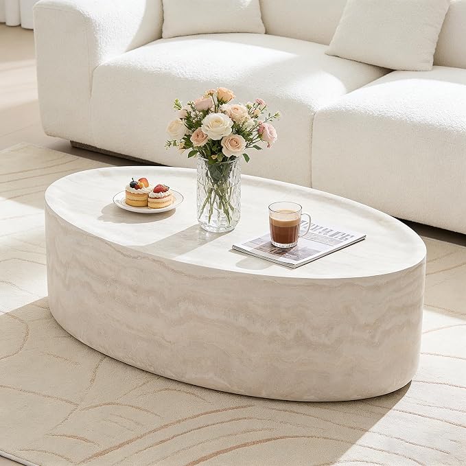 43.7" Oval Marble Coffee Table, Modern Round Coffee Tables, Faux Stone Center Tables, Small Accent Tea Table, Luxury Fiberglass Side End Table for Living Room Aparment Office, No Assembly