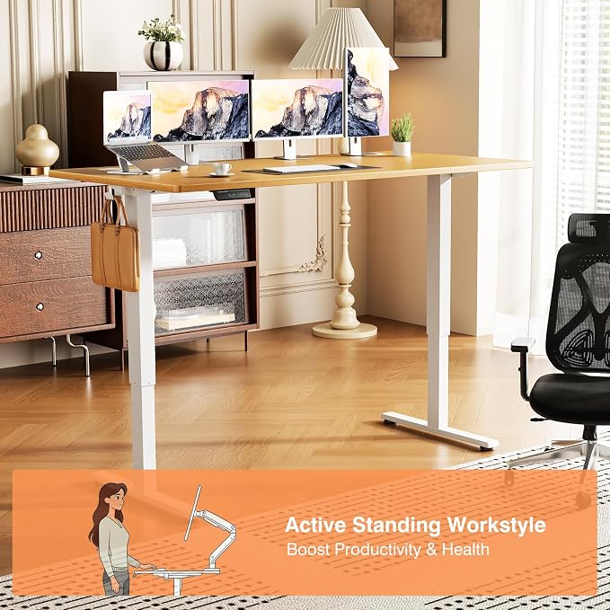 Sweetcrispy Electric Standing Desk Adjustable Height, 55x24 Inch Sit Stand Up Home Office Desks Computer Workstation PC Work Table with 3 Memory Preset Splice Wood Board Metal Frame, Oak