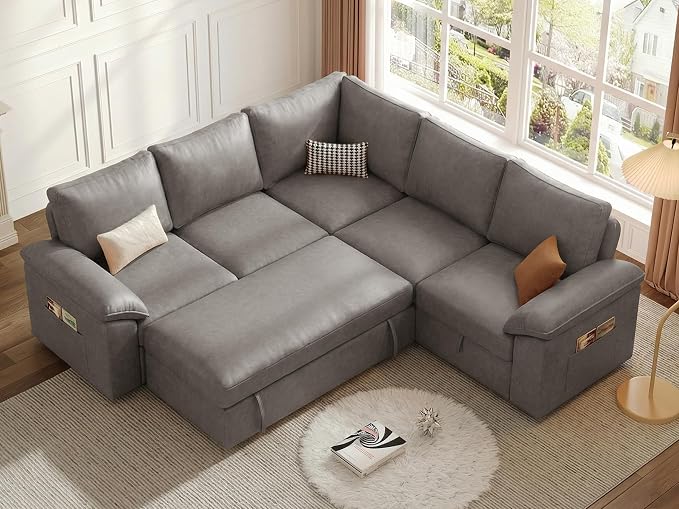 85 Inch Faux Leather Modular Sectional Sofa with Pull Out Bed, L Shaped 5 Seat Sectional Sleeper Sofa with Storage, Sectional Couches for Living Room, Cloud Modular Couch,Gray Leather