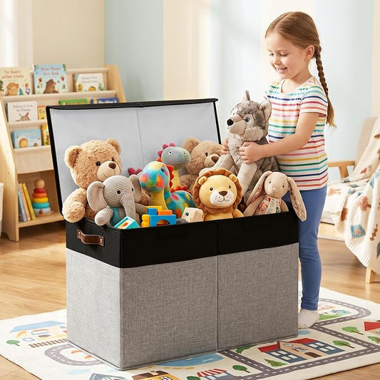 Bagnizer Large Toy Storage Box with Lids, Collapsible Sturdy Baby Storage Organizer Chest Bin Basket for Kids, Boys, Girls, Playroom, Nursery, Bedroom, Closet 25"x13"x16" (Gray and Black)