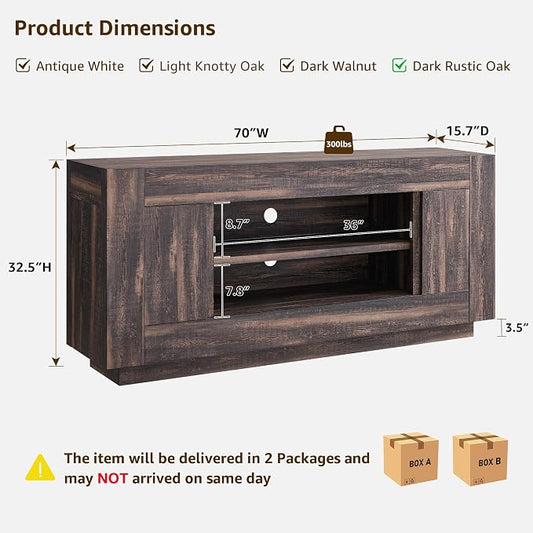 OKD Modern 70" TV Stand, Entertainment Center for TVs Up to 80", Media Console with Large Open Storage & Side Cabinets, Thick Wood Design for Living Room, Dark Rustic Oak
