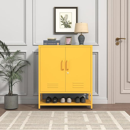 Wide 3-Tier Metal Shoe Storage Cabinet, Multifunctional Household Shoe Organizer with Adjustable Shelves for Home & Entryway Yellow 33" H X 29.5" W X 13.8" D