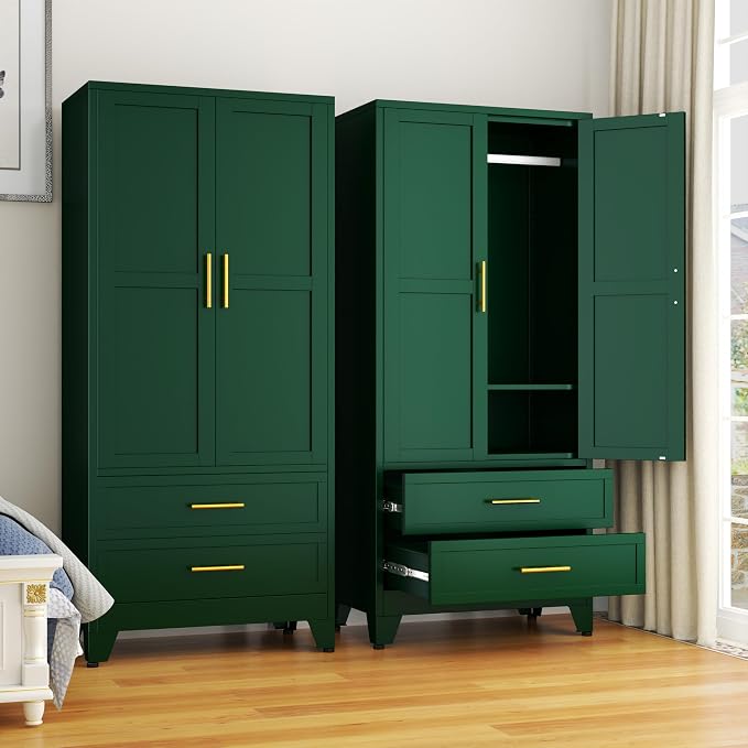 GAIOUS 71" Metal Armoire Wardrobe Closet, Metal Wardrobe Cabinet with Hanging Rod (Green)