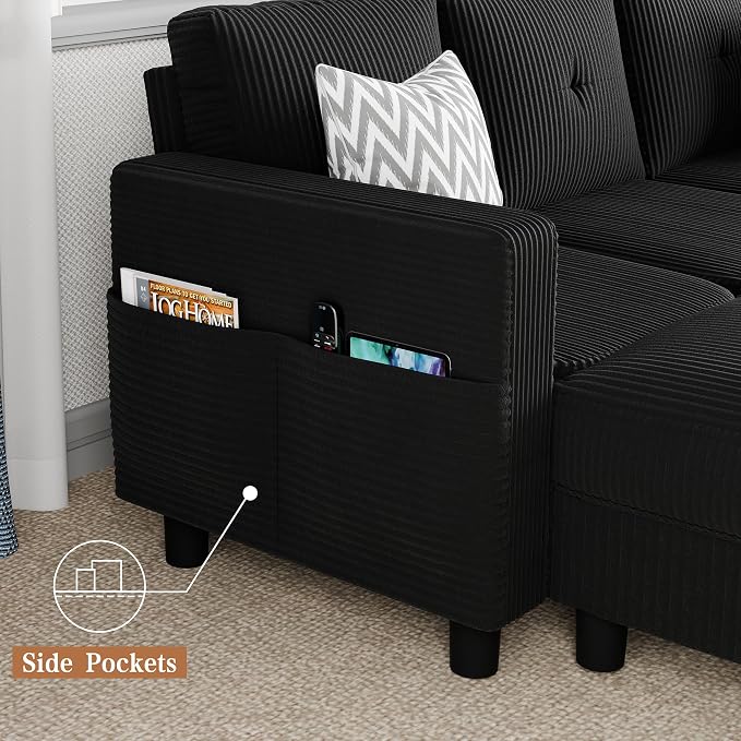 Shintenchi Modern Upholstered Sectional Sofa, L-Shaped Couch with Storage Ottoman and Reversible Chaise for Living Room, Black Corduroy Fabric