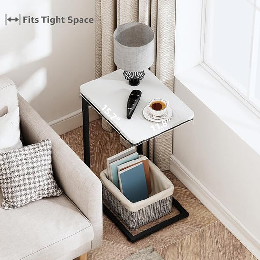 QEEIG C Table Side Table Set of 2 Living Room Sets C Shaped Couch Tray End Tables Modern, Black and White (017-30WB)