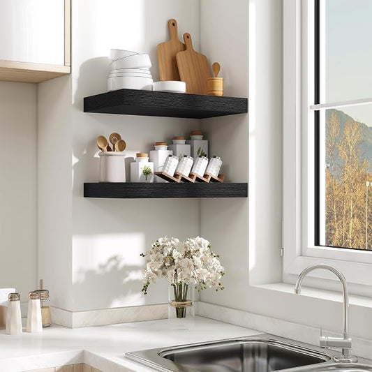 Fun Memories Black Floating Shelves for Wall - 10 x 16 Floating Shelf - Rustic Wood Storage Shelf - Wall Shelves with Invisible Bracket - 16" Bookshelves for Living Room & Bedroom - Black - Set of 2