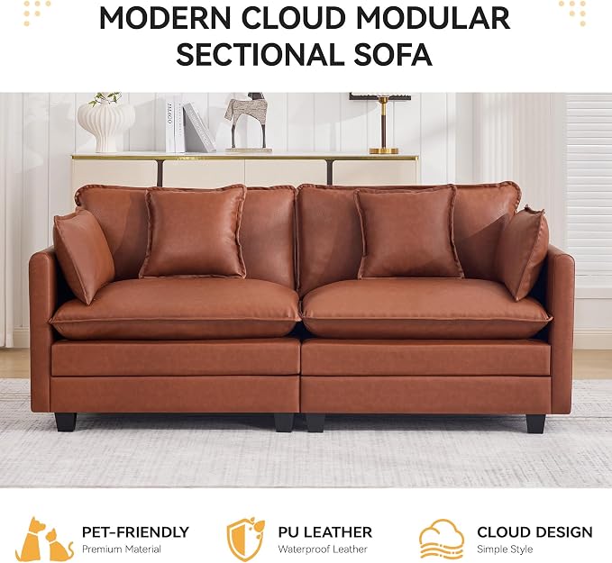 76'' Cloud Deep Seat Loveseat, Upholstered Leather Modular 2-Seats Sectional Sofa Couch, Modern Comfy Settee Loveseat for Living Room Set, Small Apartment, Leather Brown