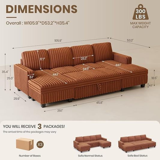 Belffin Modular Sectional Sleeper Sofa with Pull Out Couch Bed Corduroy Double Chaise with Storage Brick Red Couch