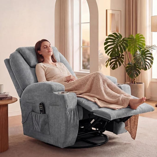 JUMMICO Small Swivel Rocker Recliner, 360 Rocking Chair Recliner with Massage, Upholstered Fabric Rocker Recliner with Cup Holder for Living Room, Bedroom, Nursery (Gray)