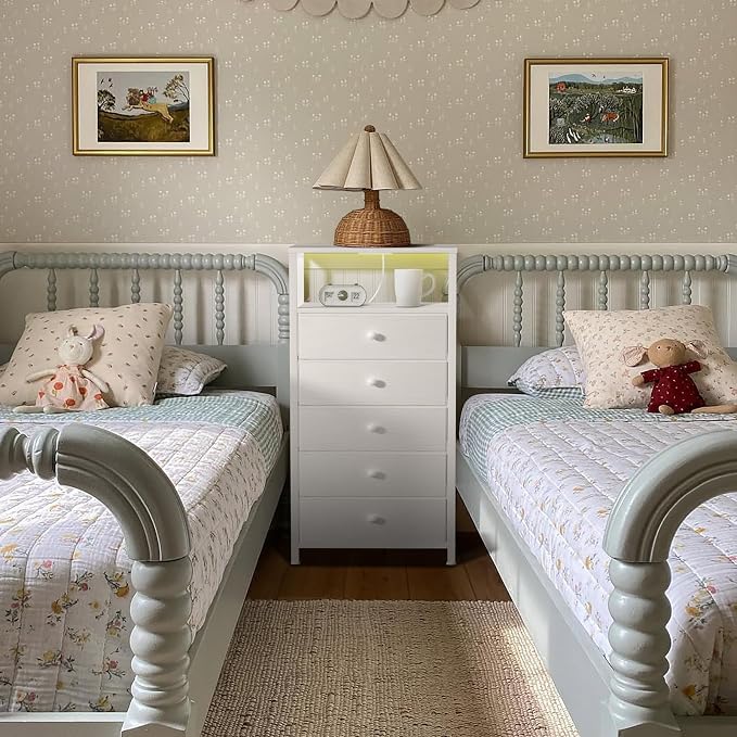 BOLUO White Dresser with 5 Drawers Tall Nightstand with Charging Station and LED Light, Bedside Table Room Storage Drawers Closet