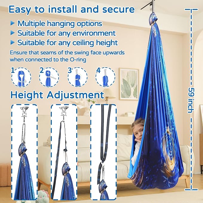 Sensory Swing for Kids Indoor & Outdoor Double Layer Therapy Cuddle Hammock Chair with 360 Swivel Hanger Kit Adjustable Swing for Child and Adult with Aspergers Autism ADHD (Ocean Blue)
