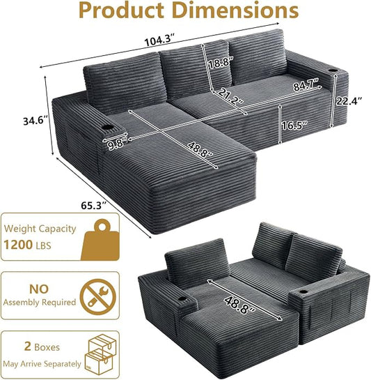 104" Cloud Sectional Couch L-Shaped with Side Pockets Cup Holders, Corduroy Boneless Couch for Living Room,Upholstered Deep-Seat Modular Sectional Sofa, No Assembly Required (Grey,Left Facing Chaise)