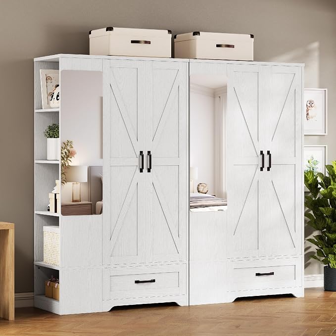 LIKIMIO Armoire Wardrobe Closet 70 Inches, Large Storage with Mirror, 2 Doors, Drawer, and Shelves, Modern Bedroom Freestanding Wooden Wardrobe Combination with Hanging Rail, White