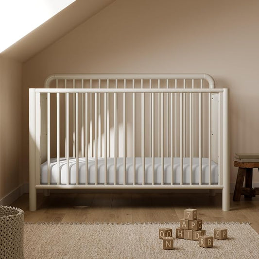 Storkcraft Porto 5-in-1 Convertible Crib with Toddler Guardrail – GREENGUARD Gold Certified, Toddler Bed Conversion Kit Included, 100% Solid Wood, Fits Standard Baby Crib Mattress (Frosted Oat)