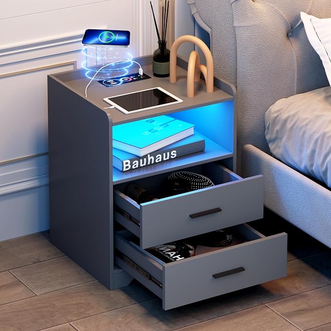 dnbss Grey Night Stand with Wireless Charging Station, Nightstand with 2 Drawers, Smart Bedside Table with 24-Color RGB Lighting, Modern LED Lighted Nightstand for Bedroom