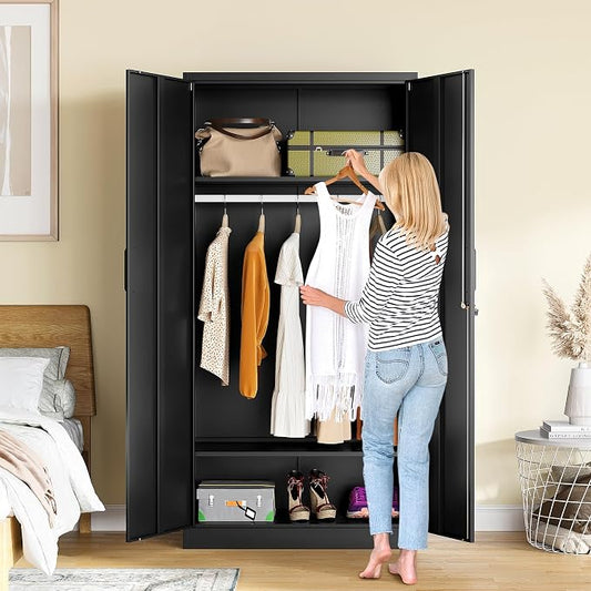 Metal Wardrobe Cabinet with Hanging Rod & Lock,Black Armoire Wardrobe Closet,Metal Clothing Storage Cabinet with Adjustable Shelves and Doors,72" Amroire Storage Cabinets for Home,Living/Laundry Room