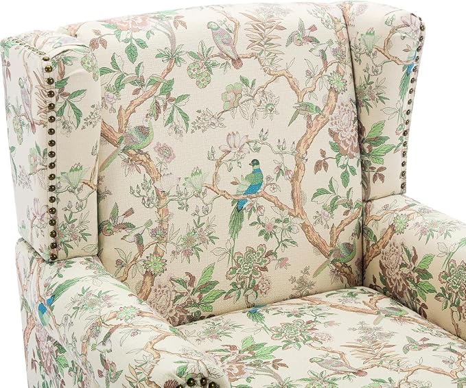 High Back Accent Chair, Fabric Upholstered Armchair for Living Room, Floral Wingback Chair with Retro Solid Wood Legs, Nailhead Trim Single Sofa Bedroom Reading Seat - Bird