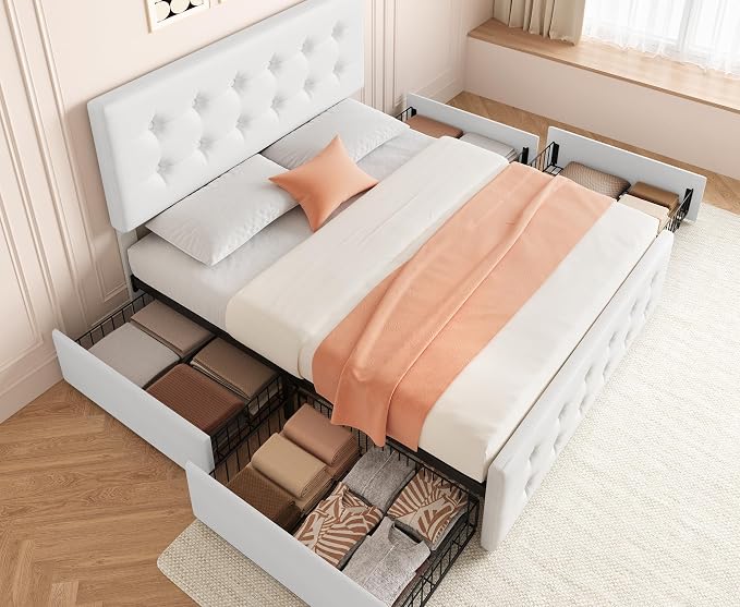 IDEALHOUSE Full Size Bed Frame with 4 Storage Drawers and Headboard, Faux Leather Upholstered Platform Bed Frame with Wooden Slats Support, Button Tufted Design, No Box Spring Needed, White