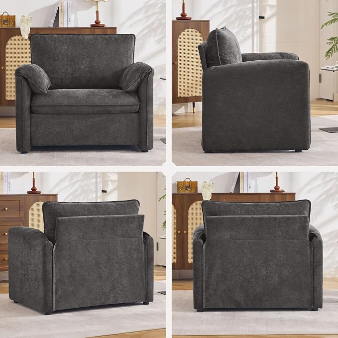 Oversized Accent Chair for Living Room, 41.73" Large Modern Armchair with Deep Seat, Mid-Century Comfy Reading Chair with Padded Arms, Chenille Single Sofa Chairs for Bedroom, Dark Grey