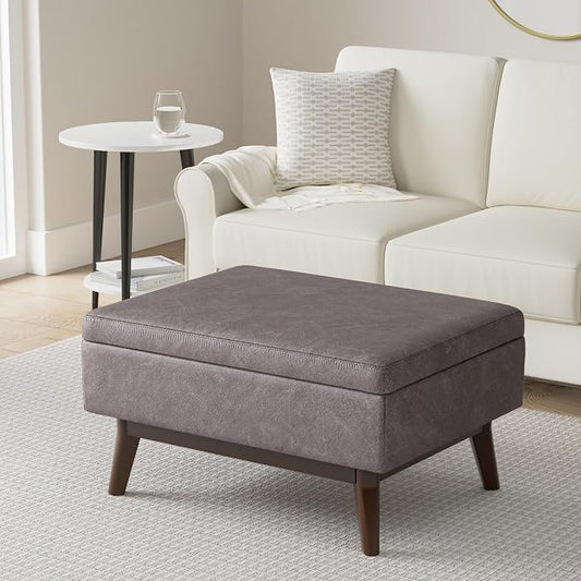 SIMPLIHOME Owen Coffee Table Storage Ottoman - 34" Wide x 19" High Upholstered Vegan Leather Rectangular Lift-Top Ottoman in Distressed Grey Taupe, Mid-Century Modern Bench with Tapered Legs