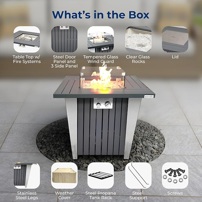 SereneLife Propane Fire Pit Table 50,000 BTU with Sturdy Metal Frame, Stainless Steel Fire Pan, Decorative Glass Rocks, Weather Cover, CSA Certified for Patio, Backyard, or Garden Use