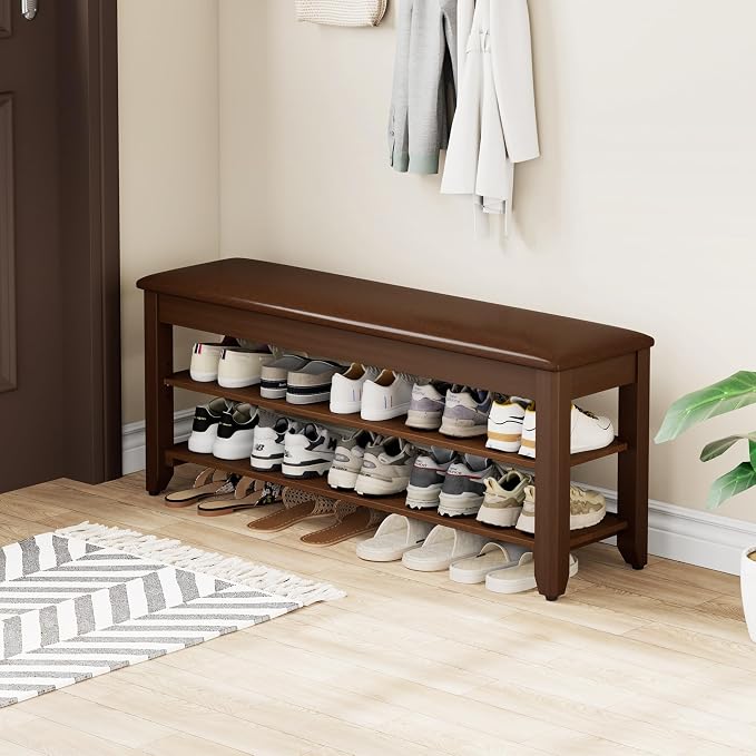 Homleke 2-Tier Solid Wood Shoe Rack Bench with Flip-Top Storage | Entryway Bench with Cushion, Adjustable Shelf, Holds Up to 10 Pairs, for Hallway, Bedroom and Closet, Walnut, 39.4 Inch