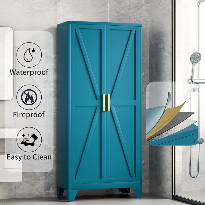Baborokic 61H Metal Storage Cabinet with 2 Doors and Adjustable Shelves,Farmhouse Storage Cabinet with Barn Doors,Pantry Storage for Home,Office,Dining Room,Kitchen(Blue)
