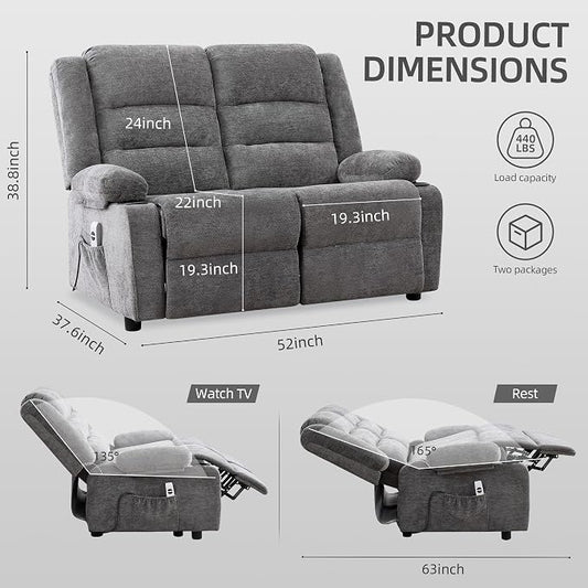 52Inch Reclining Loveseat Sofa,Power Loveseat Recliner,Electric Love seat Recliner Sofa for Bedroom,Living Room with Charging Ports,Grey