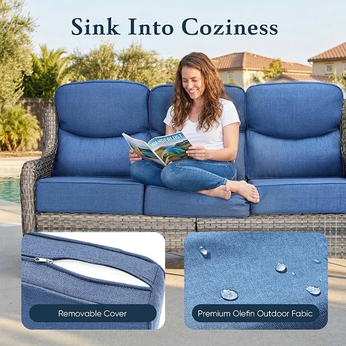 Belord Luxury 6" Thick Cushioned PE Wicker 3-Seater Outdoor Couch, All-Weather Comfortable Modern Patio Sofa, High Back Deep Seat Woven Outdoor Furniture for Porch Balcony, Lawn, Deck - Greyblue