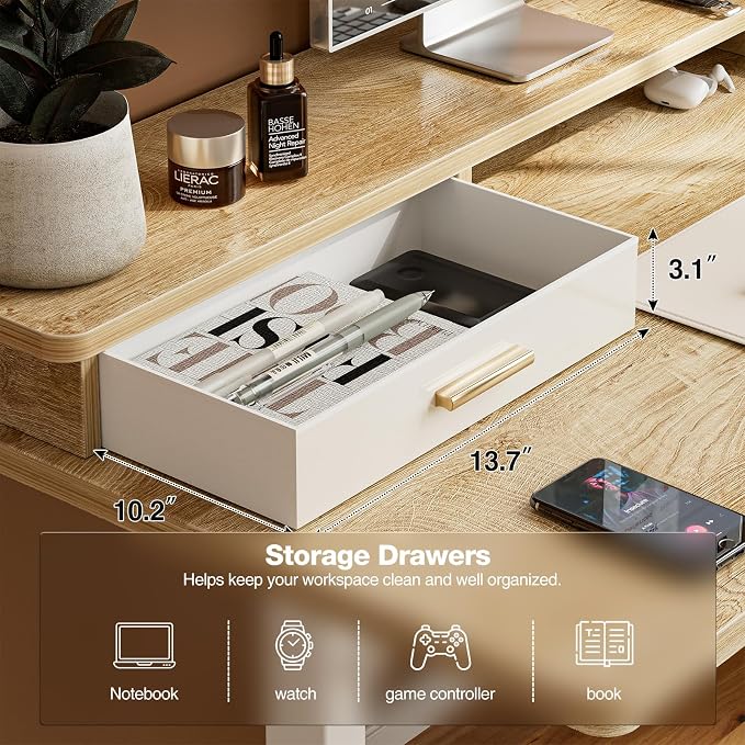 Grandder Electric Standing Desk with Two Drawers, Curved Desktop Sit to Stand Up Height Adjustable Desk with Storage Shelf for Home Office, 47 * 26 Inch, Ergonomic Adjustable Computer Desk, Oak