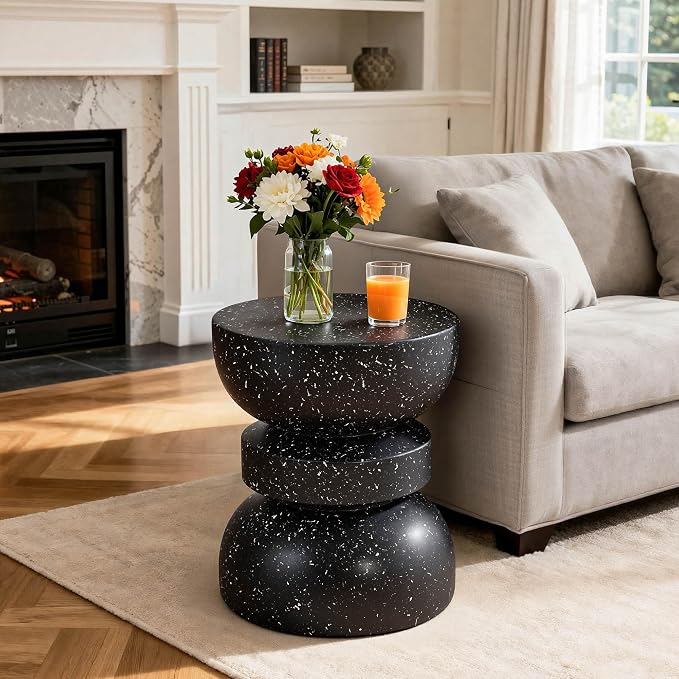 18" H Modern Black Side Table for Living Room, Decorative Terrazzo Finish MGO Outdoor End Table, Versatile as Coffee Table, Stool, Plant Stand, Weather-Resistant for Garden Patio Deck Use