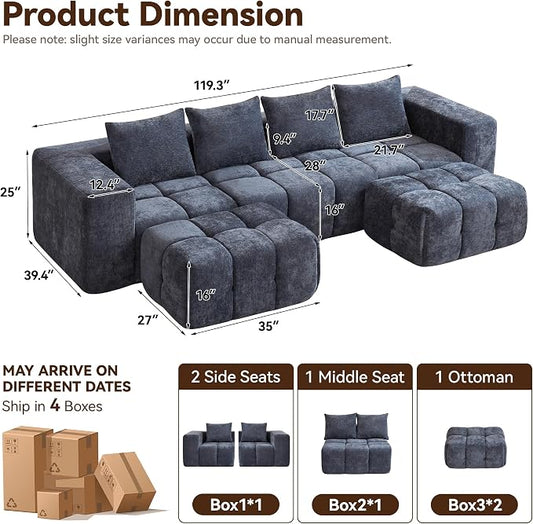 119" Boneless U-Shaped Sofa Couch with 2 Ottoman, 4 Seater Comfy Cloud Sectional Sofa with Deep Seat, Oversized Chenille Memory Foam Sectional Couches for Living Room Bedroom, Blue