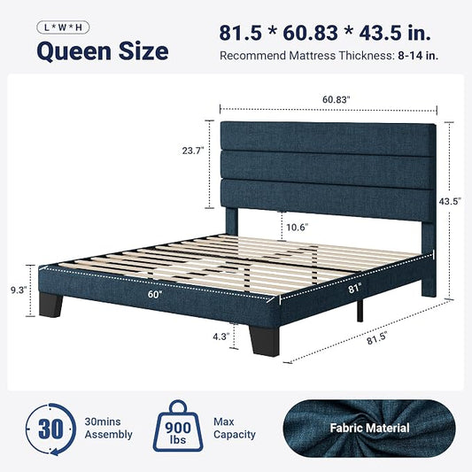 Allewie Queen Size Platform Bed Frame with Fabric Upholstered Headboard and Wooden Slats Support, Fully Upholstered Mattress Foundation/No Box Spring Needed/Easy Assembly, Navy Blue
