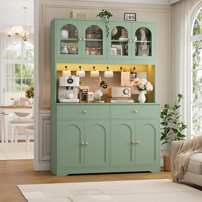HIFIT 71" LED Kitchen Pantry Cabinet with Power Outlet, Large Kitchen Hutch Cabinet with 2 Storage Drawers & Arched Door, Countertop & Hooks, Tall China Bar for Dining Living Room (Green)