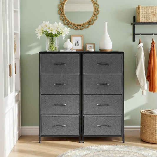 4 Drawers Dresser for Bedroom, Fabric Storage Tower Organizer with Wooden Top and Steel Frame, Tall Chest of Drawers for Closet, Entryway, Dorm, Gray