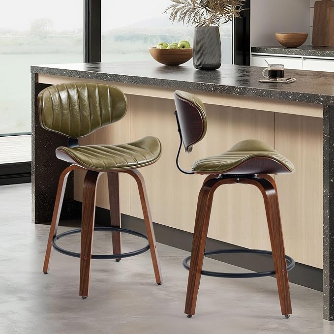 Modern Bar Stools Set of 2, 24 inch PU Leather Wooden Bentwood Barstools Counter Height Swivel Breakfast Bar Chairs with Backrest Footrest for Kitchen Island, Dining Room D035-Olive Green-2