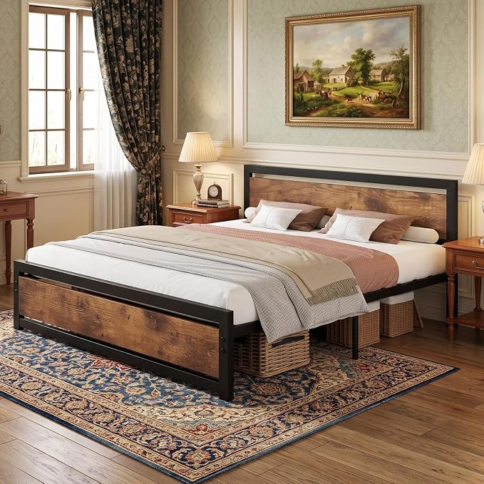 IDEALHOUSE King Size Bed Frame with Wooden Headboard and Footboard, Industrial King Bed Platform, No Box Spring Needed, Noise-Free, 13.8" Under Bed Storage, Easy Assembly