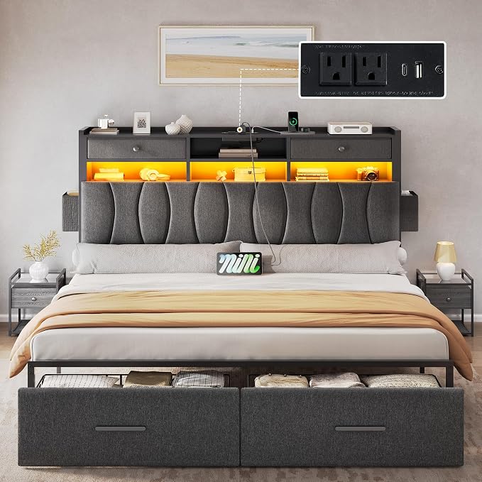 YITAHOME King Size with 2 Storage Drawers and Charging Station, Linen Upholstered Platform Bed with Storage Headboard and LED Light, Heavy Duty Metal Support, No Box Spring Needed, Noise Free, Grey