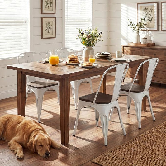 JUMMICO Metal Dining Chair Stackable Industrial Vintage Kitchen Chairs Indoor-Outdoor Bistro Cafe Side Chairs with Back and Wooden Seat Set of 4 (White)