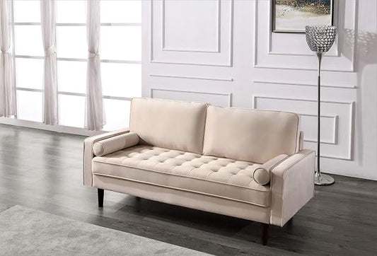 Container Furniture Direct Womble Mid Century Modern Velvet Upholstered Tufted Seat with Bolster Pillows, Sofa, Beige
