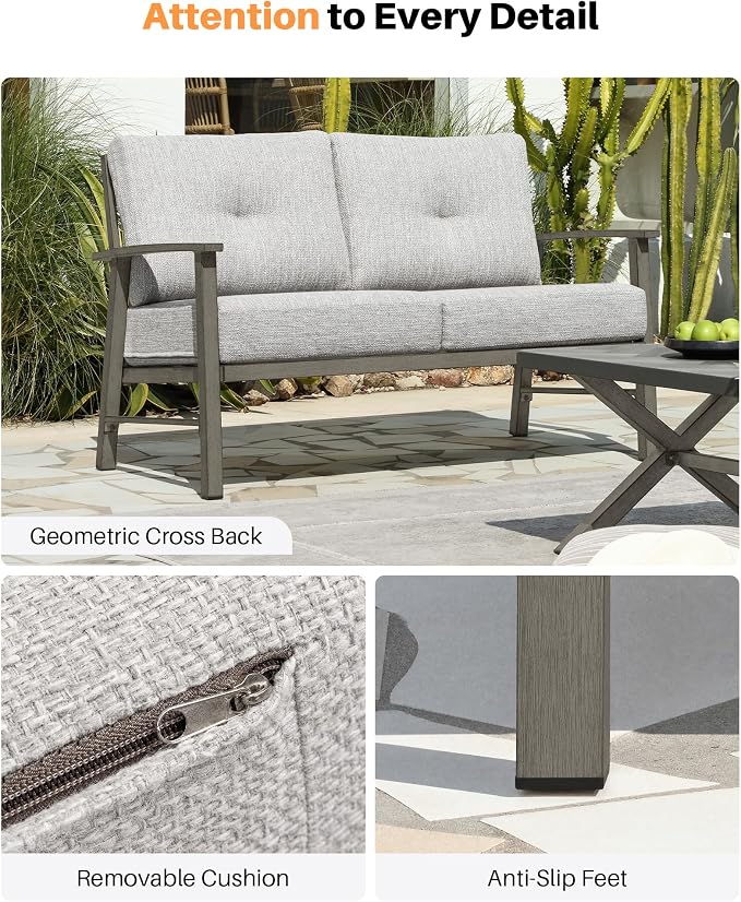 Patio Furniture Loveseat Sofa, Outdoor Aluminum Couch with 5.9'' Soft Cushion, All-Weather Outdoor 2 Seats Patio Furniture Sofa Couch for Garden, Poolside, Lawn, Limed Oak
