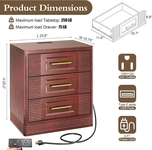 RECHHX 3 Drawer Dresser for Bedroom, 25.6" Tall Nightstand with Charging Station, Farmhouse 23.6" Wide End Table, Thermoformed Curved Small Chest of Drawers for Bedroom, Living Room, Walnut Cherry