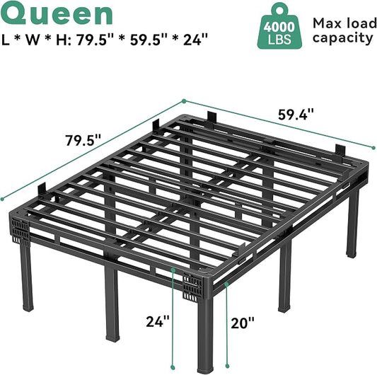 Superay Queen Bed Frame, 24 inch Metal Bed Frame & Box Spring 2 in 1 Platform with Rounded Legs, Double Layer Bed Frame with Matress Gasket & headboard Adapter, Support Up to 4000lbs