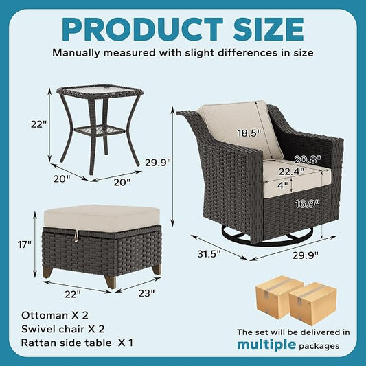 5 Pieces Patio Conversation Furniture Set - Swivel Chairs with Ottomans Set of 2, 1 Side Table, Outdoor Wicker Furniture Set with Washable Cushions for Porch, Balcony, Sunroom (Beige)