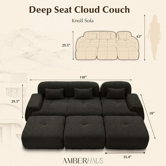 118'' Modular Sectional Cloud Couch Boneless Couches, Oversize Curved Sectional Couches for Living Room, Deep Seat Couch Lambswool Sofa with Ottoman & Throw Pillows, No Assembly, HR Foam
