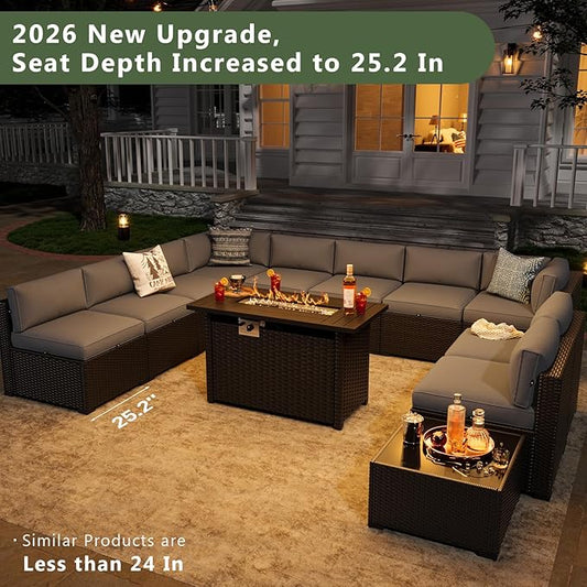 Aoxun 15 Piece Patio Furniture Set with 44” Fire Pit Table Rattan Patio Sectional Sofa Set Outdoor Seating Furniture with Thickened Cushion, Grey